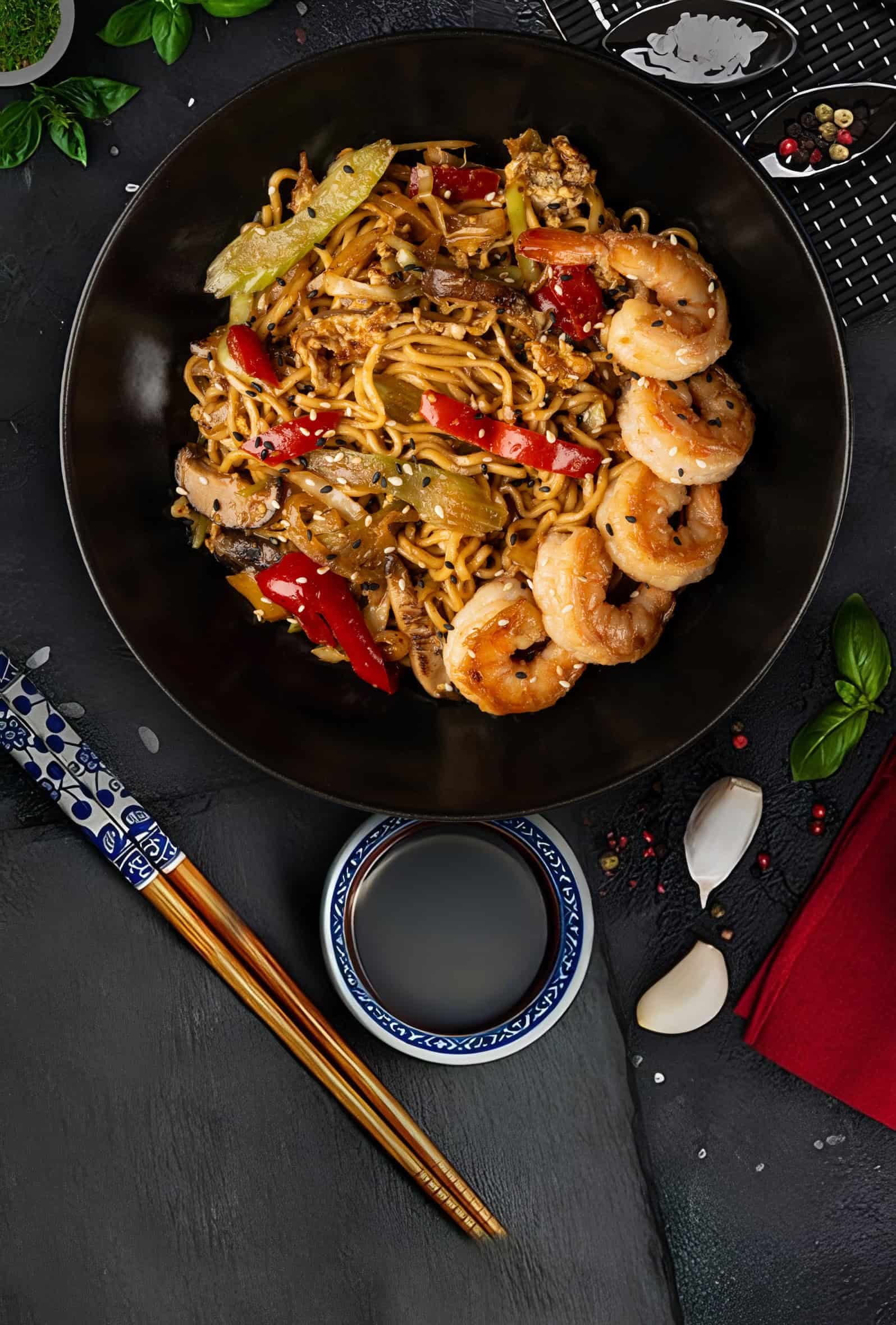 Chow Mein in soy-ginger sauce with shrimps
