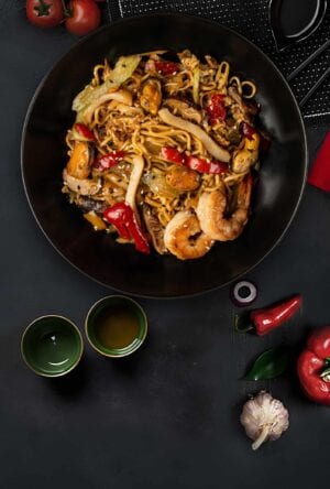 Chow Mein in soy-ginger sauce with seafood