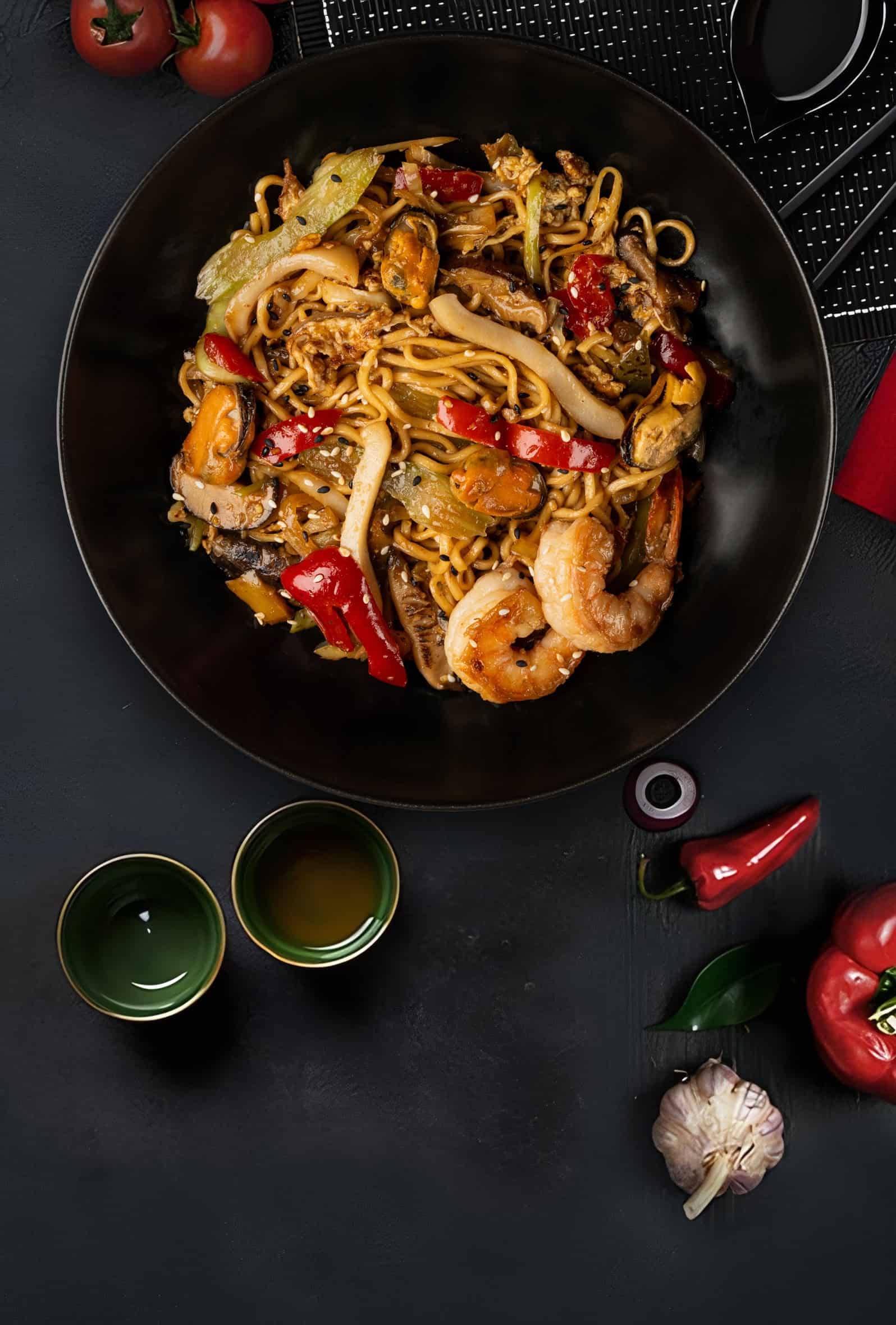 Chow Mein in soy-ginger sauce with seafood