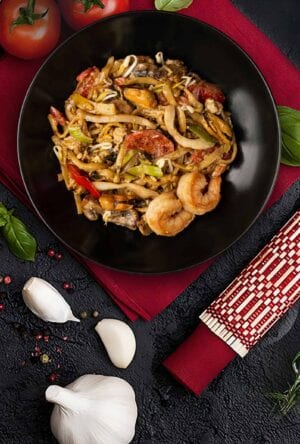 Egg noodles in cream sauce with seafood