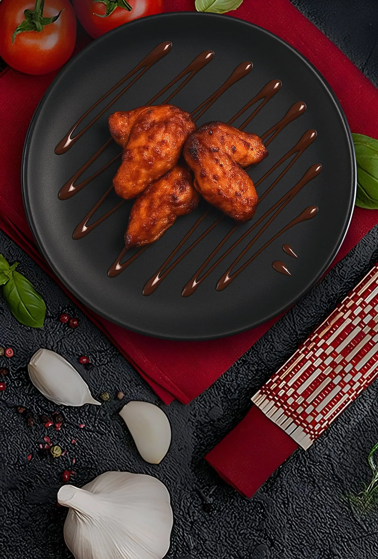 Chicken wings in sriracha sauce.