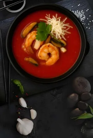 Томатный суп с морепродуктами